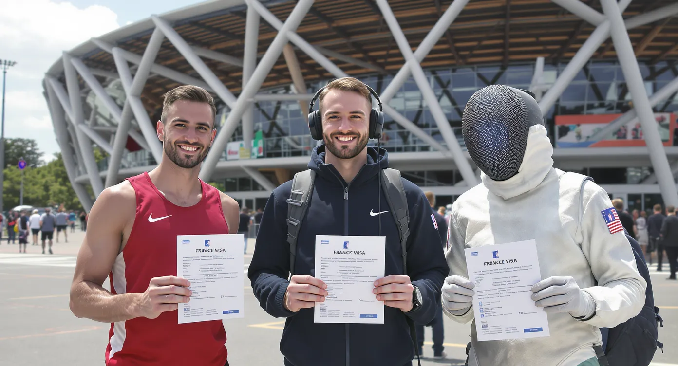 A diverse group of athletes—runner, gamer with headset, and fencer—stand together holding French visa documents outside a modern sports arena.