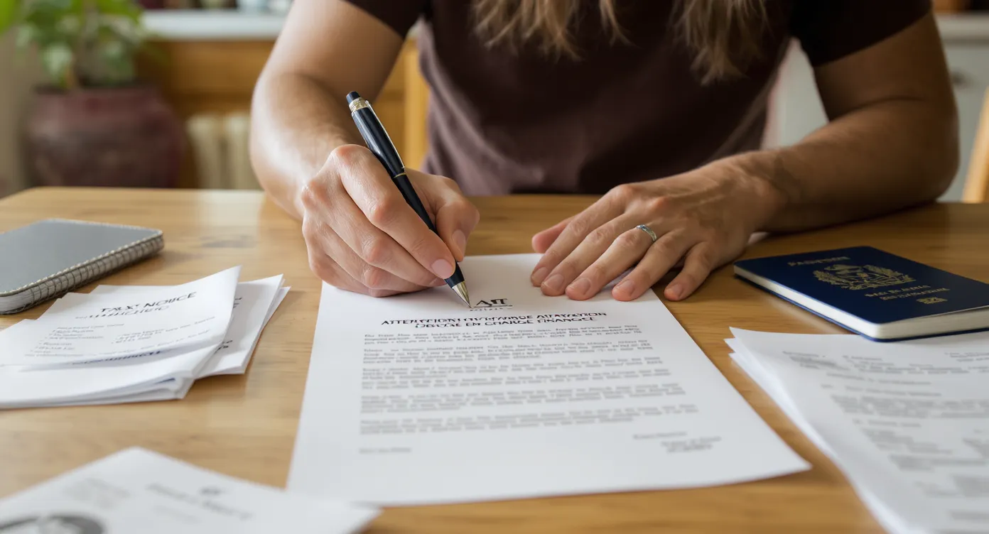 A French citizen seated at a kitchen table signs a formal attestation de prise en charge financière while neatly arranging supporting documents—tax notice, payslips, and passport—under warm lighting.