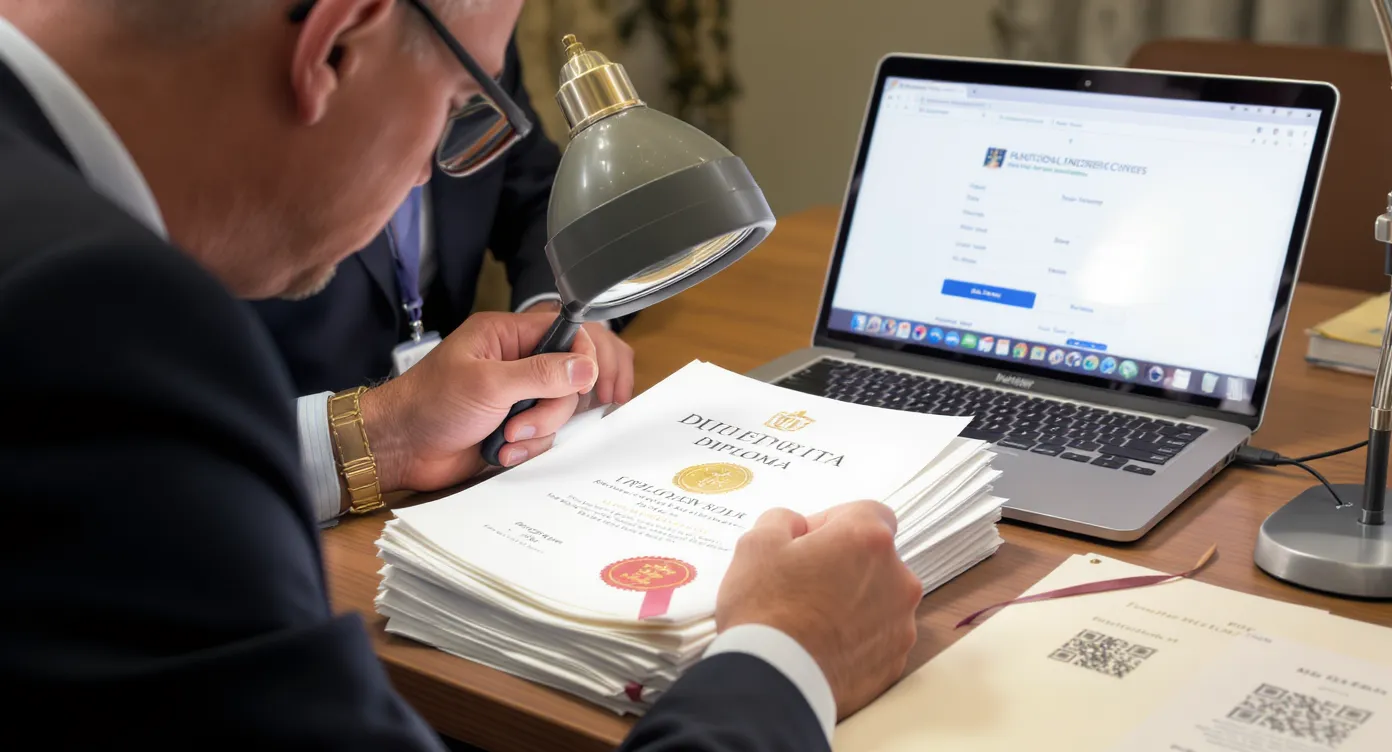 A French consular officer examines a stack of foreign university diplomas under a magnifying lamp while a laptop displays an online credential verification portal; visible security features include holograms, embossed seals and QR codes.