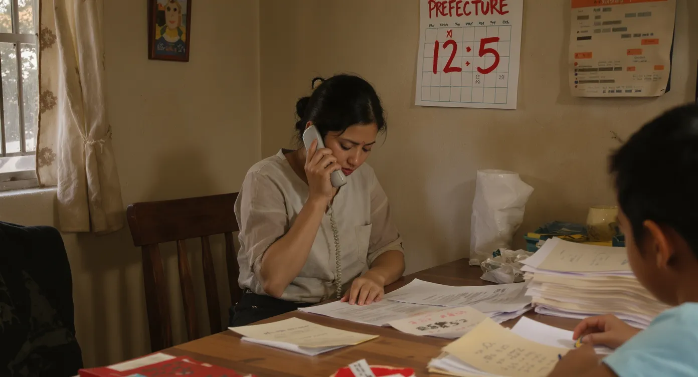 A migrant woman sitting at a wooden kitchen table with a stack of immigration documents, dialing an old mobile phone while her child draws beside her; an illustrated calendar on the wall shows an upcoming prefecture deadline.