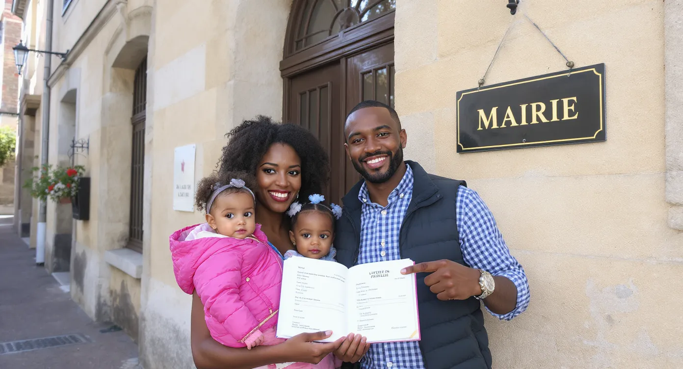 A multicultural couple with two young children smiles outside a French town hall; the mother holds an open livret de famille displaying official birth and marriage entries, while the father points at the building’s “Mairie” sign, illustrating successful completion of the family-booklet process.