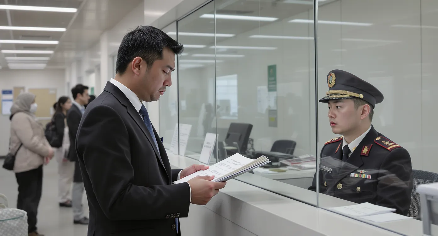 A nervous but well-dressed immigrant at a prefecture counter politely showing an organised folder of documents to a uniformed officer behind a plexiglass screen.