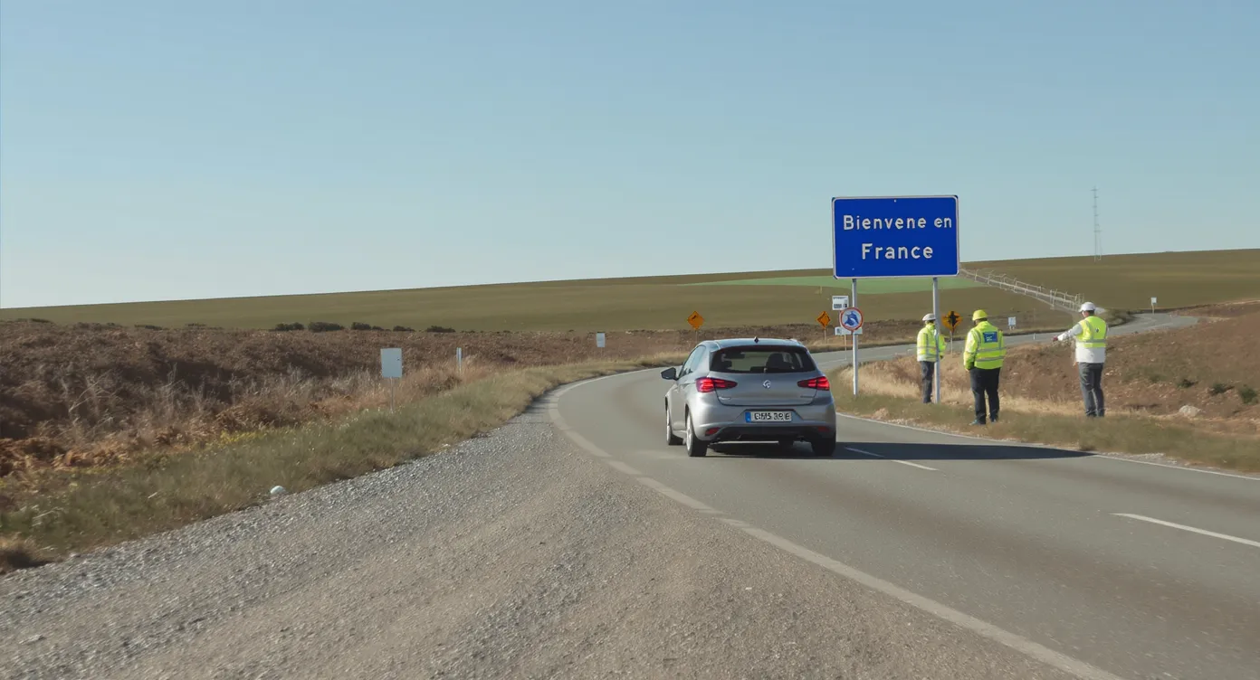 A silver hatchback bearing a foreign EU licence plate drives past a