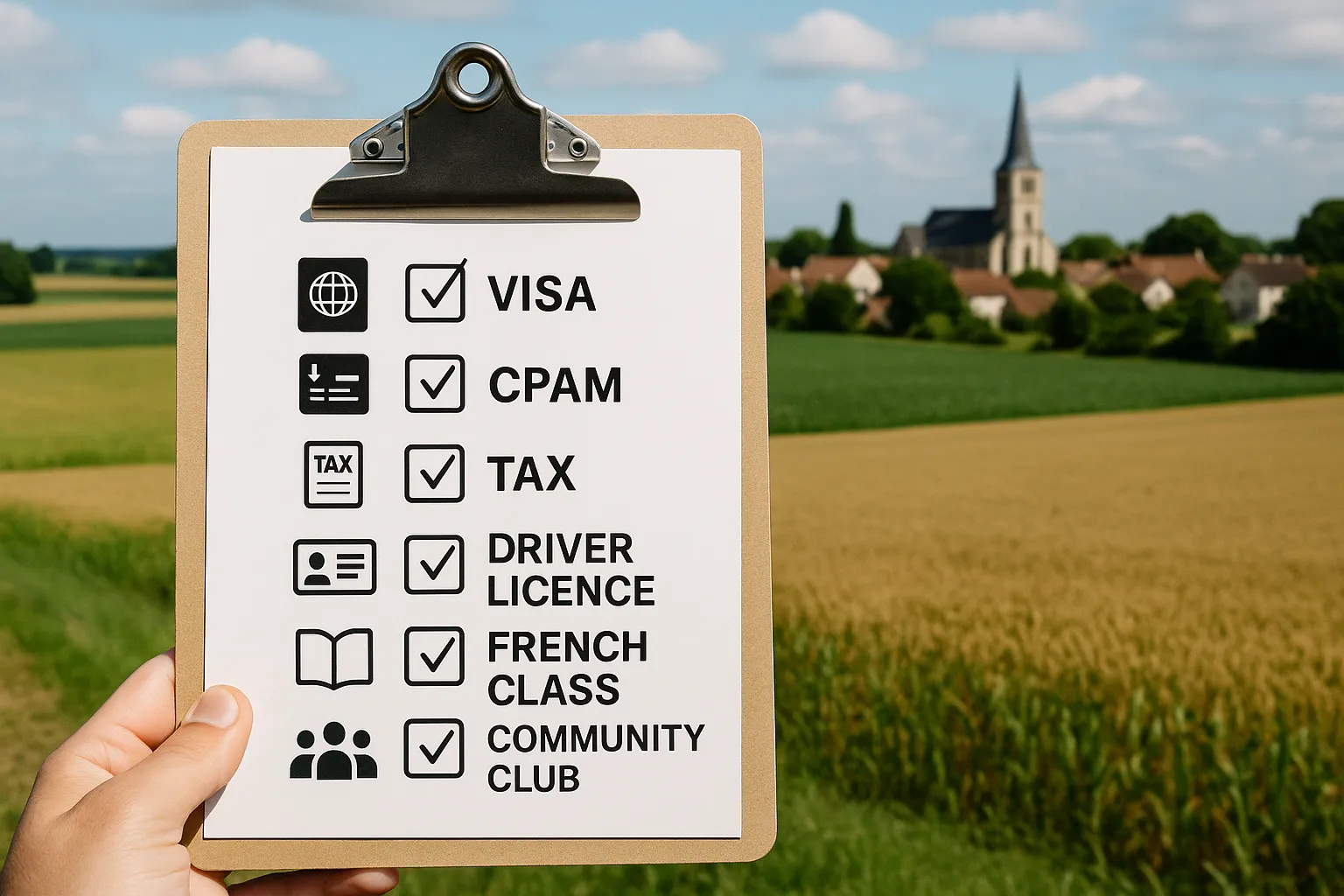 A simple infographic shows a checklist clip-board with icons for visa, CPAM, tax, driver licence, French class, and community club, surrounded by farm fields and a village skyline.