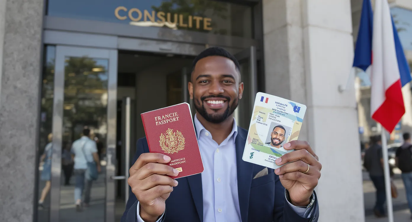 A smiling expatriate holding two passports—an old one with visible stamps and a freshly issued biometric booklet—while standing outside a French consulate entrance with flags in the background.