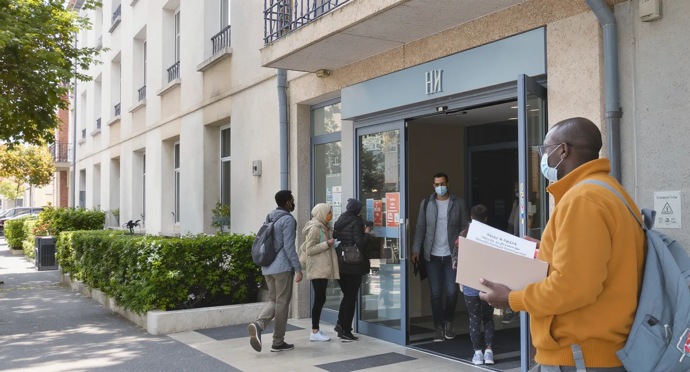 A social-housing apartment block in a French suburb with diverse residents entering the lobby, one family holding a folder of application documents, illustrating accessibility of HLM to foreigners.