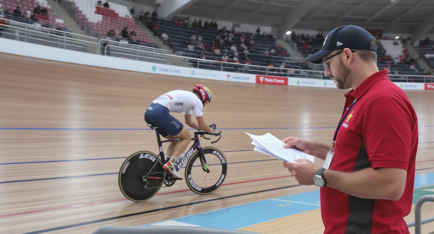 A track cyclist rides inside a velodrome while a coach holds paperwork near the barrier, illustrating sports immigration documentation.