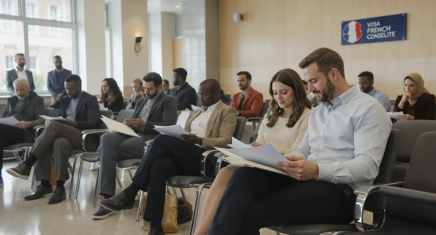 A well-lit French consulate waiting room where diverse visa applicants sit on metal chairs, each holding a neatly organised document folder; one couple in the foreground, dressed in neutral business-casual outfits, reviews their papers together.