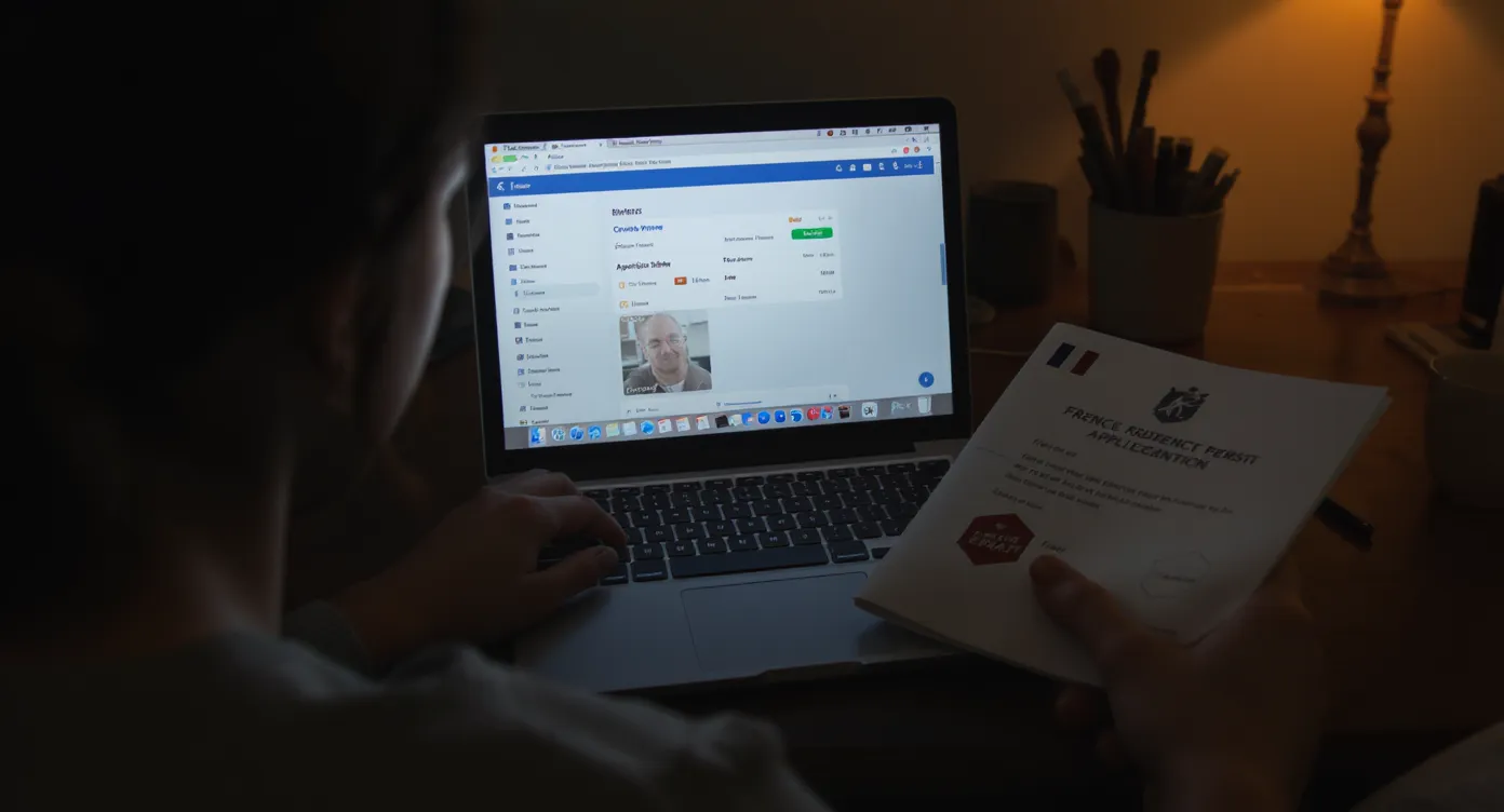 A woman sitting at a laptop late at night, looking at an online banking screen that shows a pending debit, while holding a French residence permit application folder in her other hand.