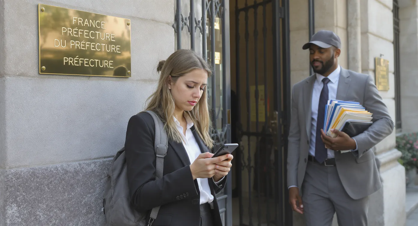 A worried international student checks her phone outside a French prefecture while a professional courier holding a bundle of folders exits the building in the background, illustrating the choice between personal filing and hiring a runner.