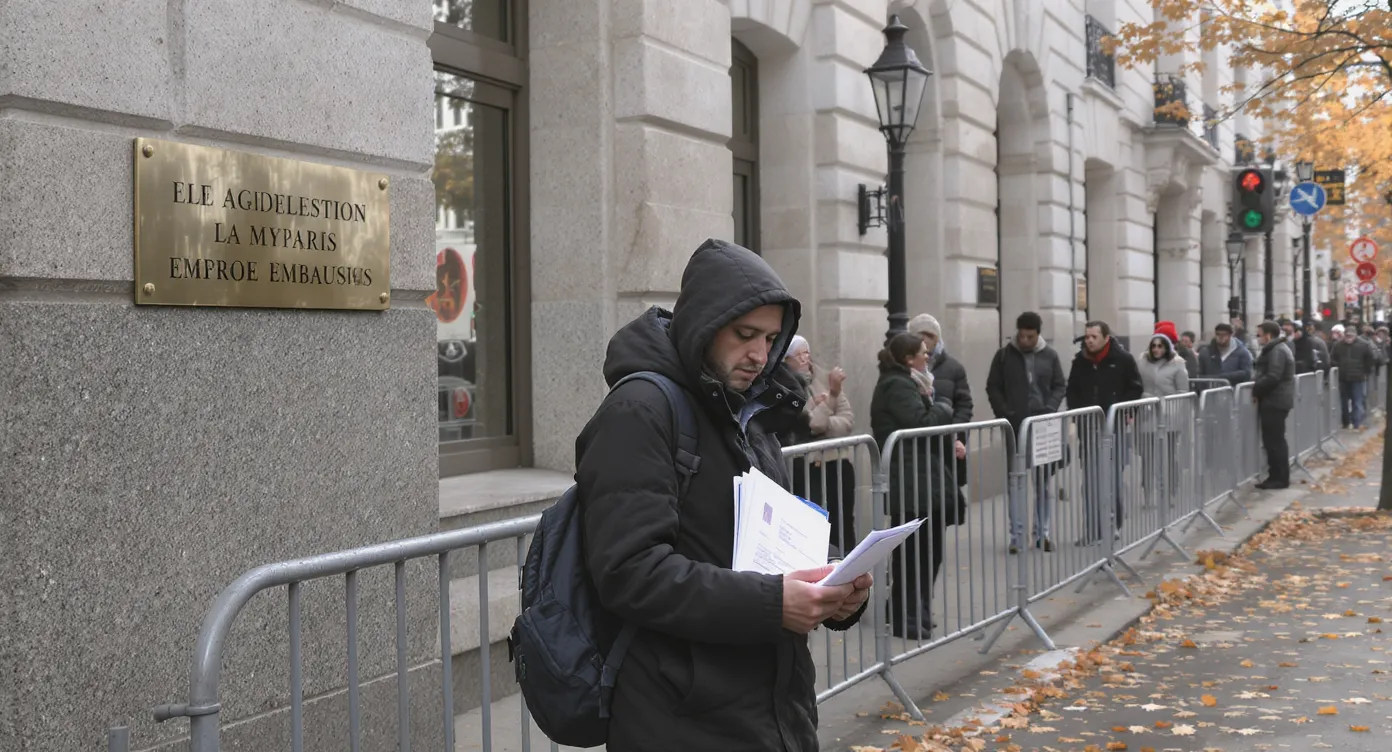 A worried migrant holds a small folder of documents while standing outside a Paris embassy building, a modest queue of people and security barriers visible, autumn leaves on the sidewalk.