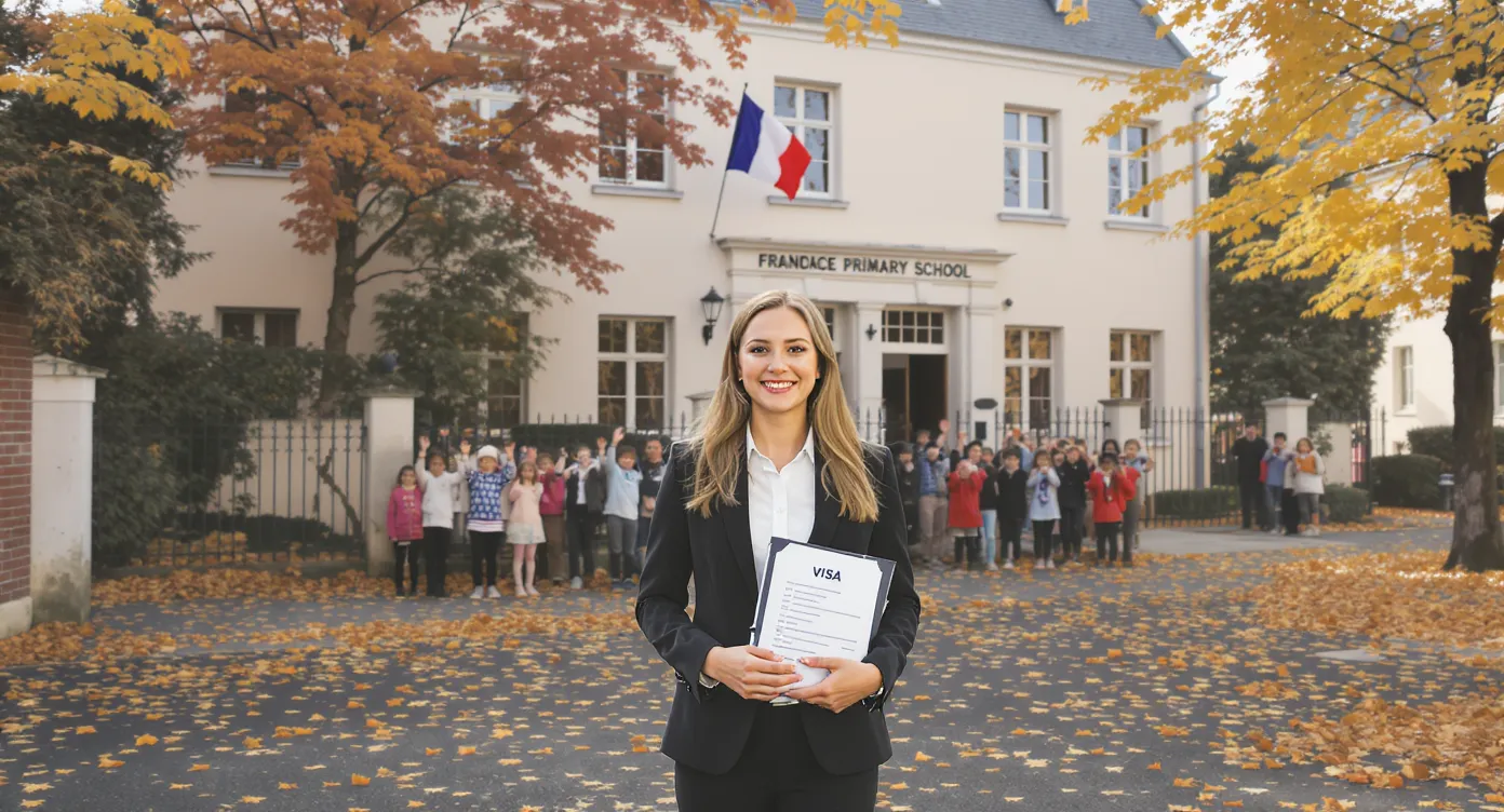 A young international language assistant in front of a French primary school holding a folder of visa documents while children wave hello in the background. Autumn leaves line the courtyard and a French tricolour flag flutters above the entrance.