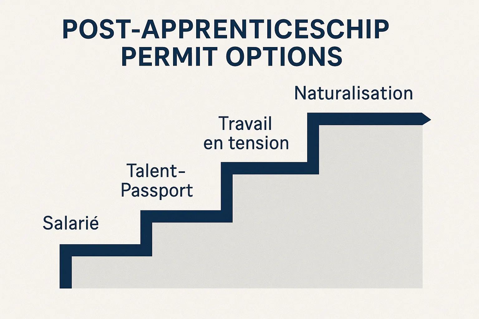 An infographic showing the five post-apprenticeship permit options arranged as a staircase: salarié, Talent-Passport, Travail en tension, 10-year card, naturalisation.
