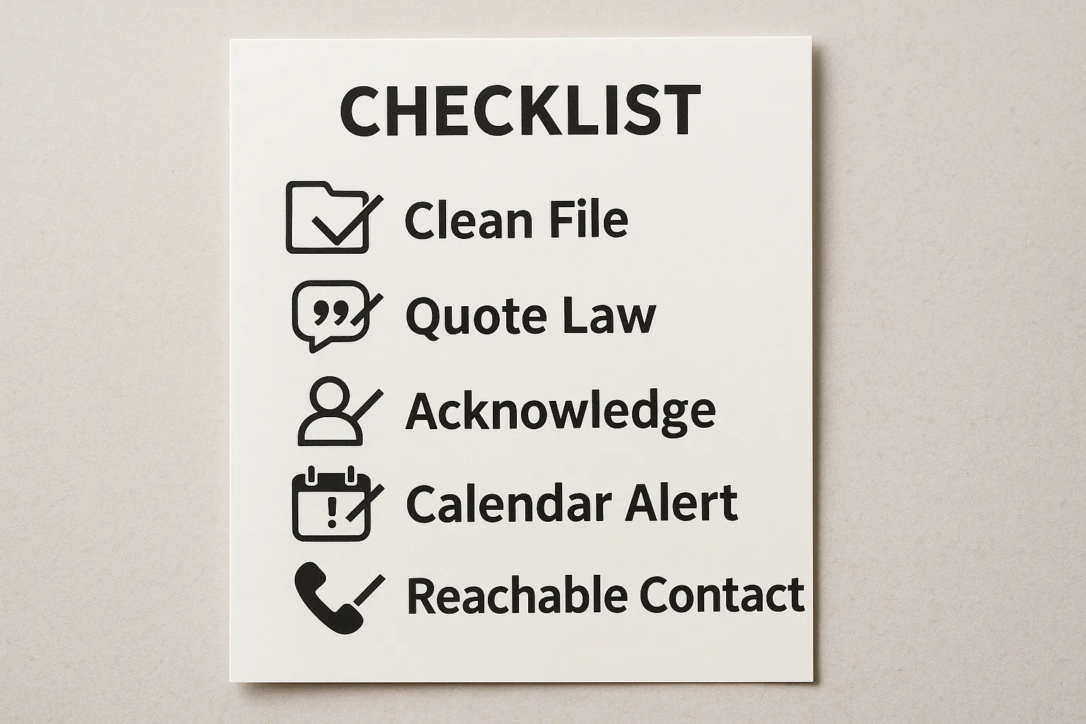 Check-list style image showing five items: clean file, quote law, acknowledge, calendar alert, reachable contact.