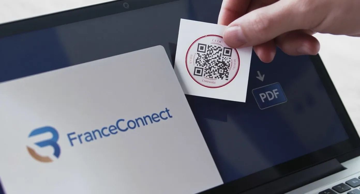 Close-up of a computer screen displaying the FranceConnect logo next to a downloaded PDF icon, while a hand holds a printed e-stamp with QR code.