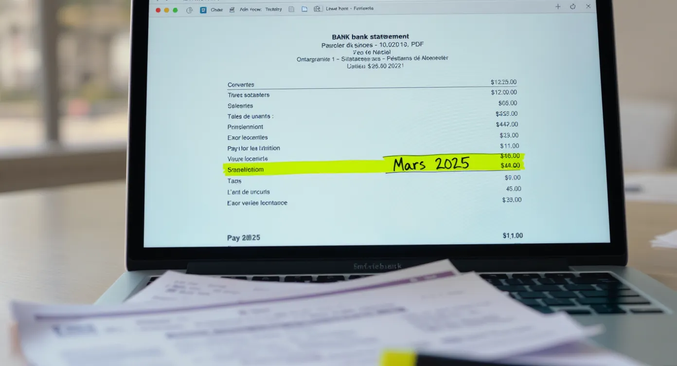 Close-up of a French bank statement PDF on a laptop screen, the salary line highlighted in yellow and annotated
