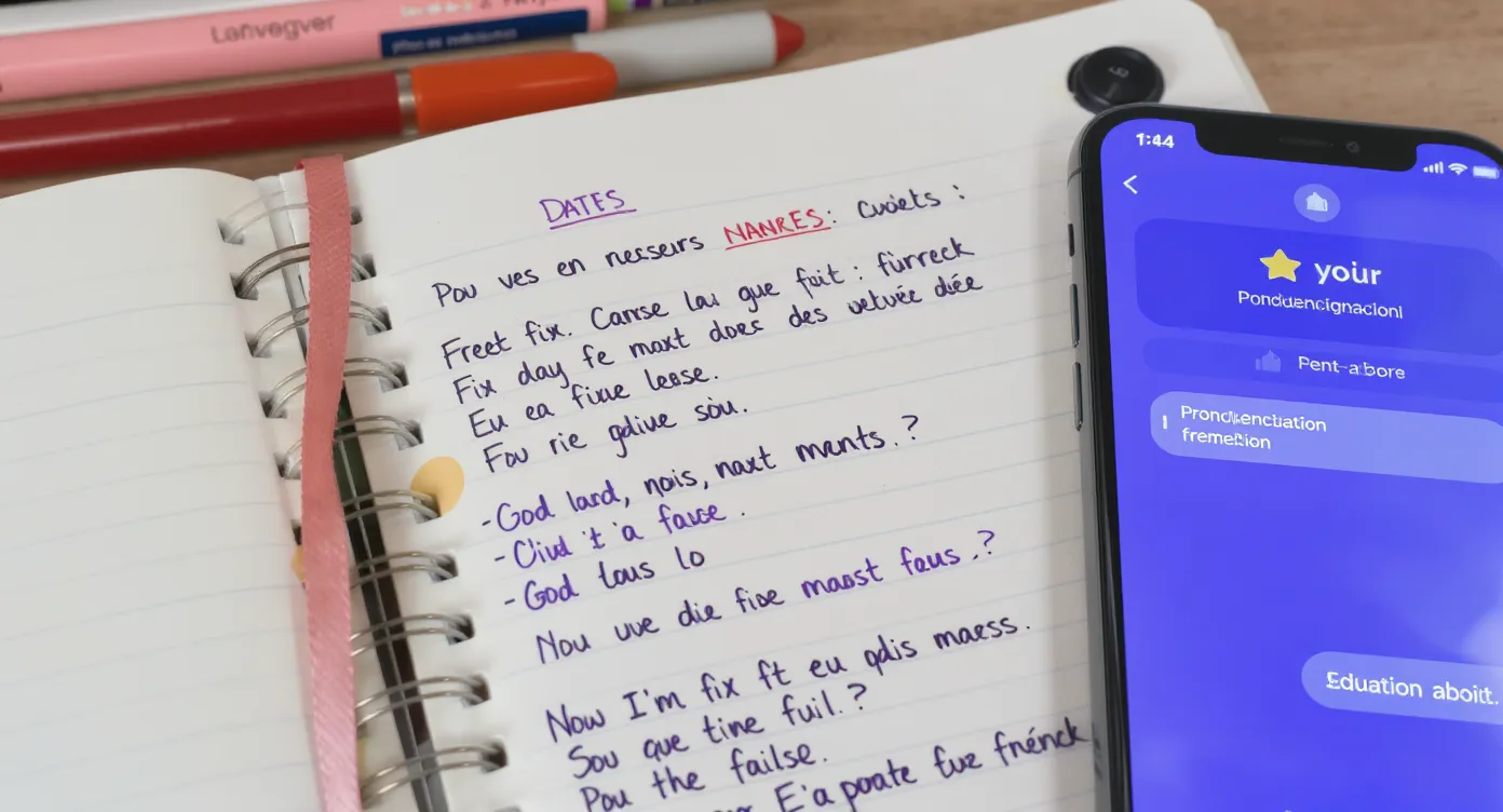 Close-up of a language learning notebook featuring French phrases with phonetic notes and a smartphone showing a pronunciation app.