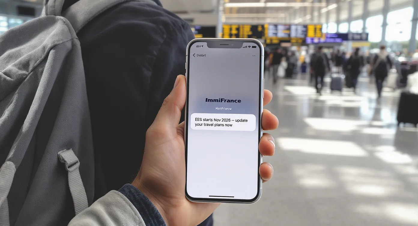 Close-up of a smartphone displaying an ImmiFrance push notification reading “EES starts Nov 2026 – update your travel plans now”, held by a traveller inside an airport terminal.