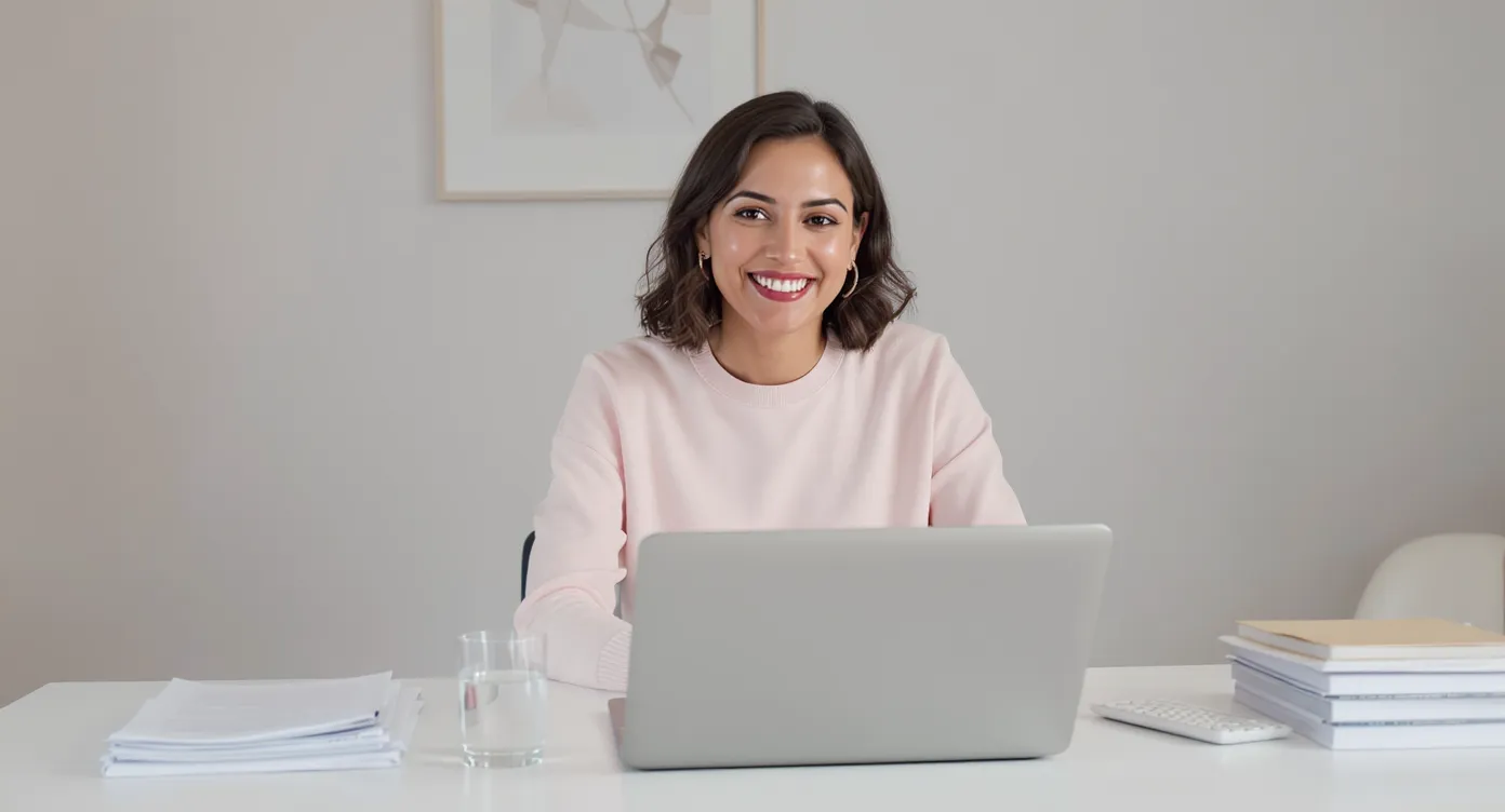 Close-up of a smiling applicant sitting at a laptop during a video interview, dressed in a pastel shirt, with a neat stack of documents and a glass of water on a minimalist desk.