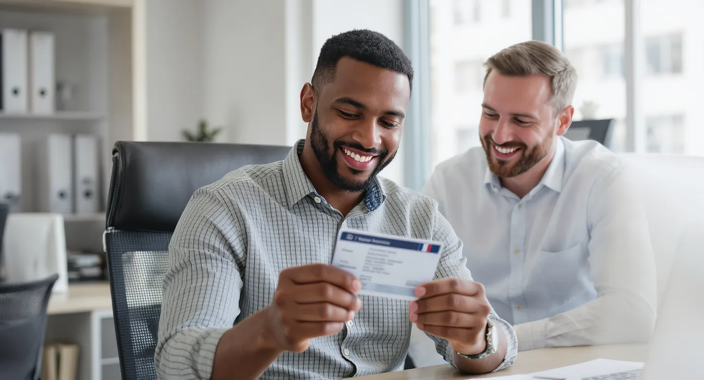 Confident migrant worker in an office environment reviewing his freshly issued French employee residence card, while a supportive HR manager smiles nearby. The scene conveys successful integration and future stability.