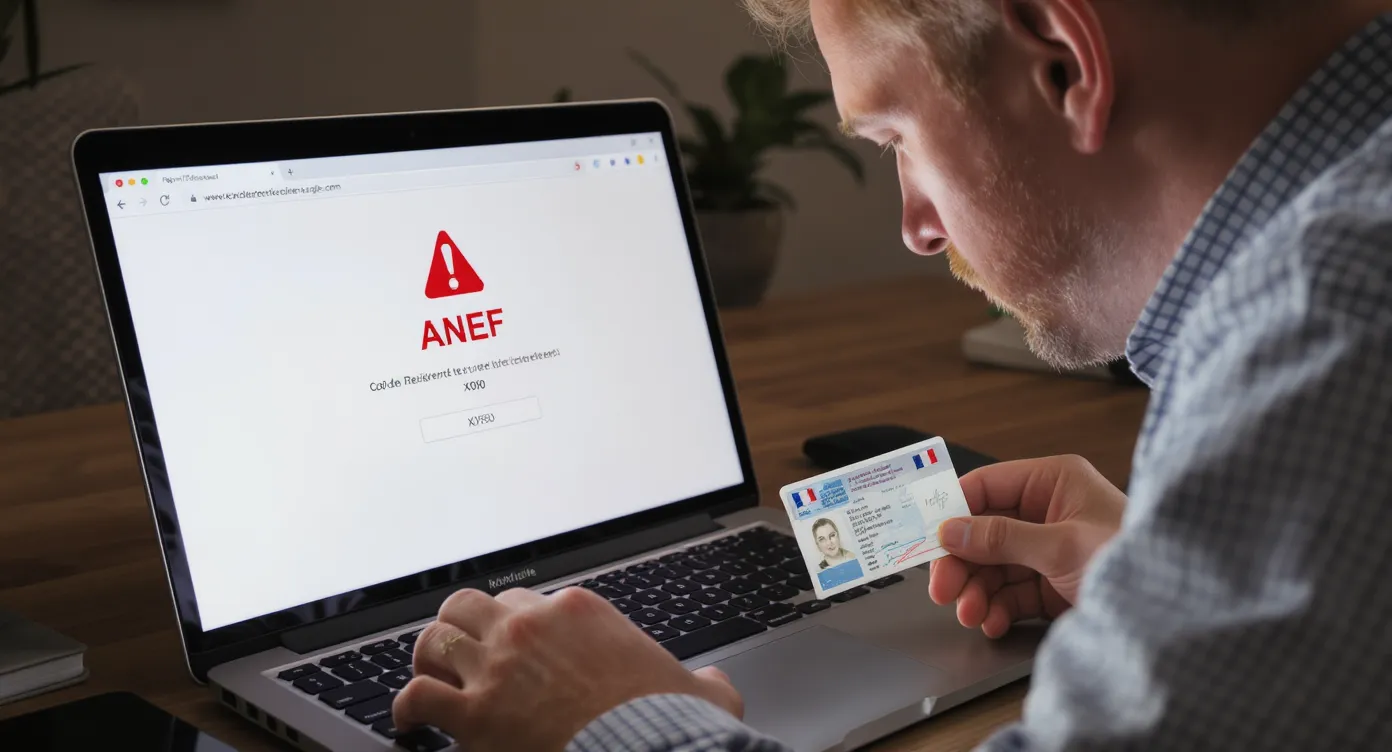 Frustrated user looks at a laptop displaying an ANEF error message while holding a French residence card on the desk; the screen shows code X050 in bold red text.