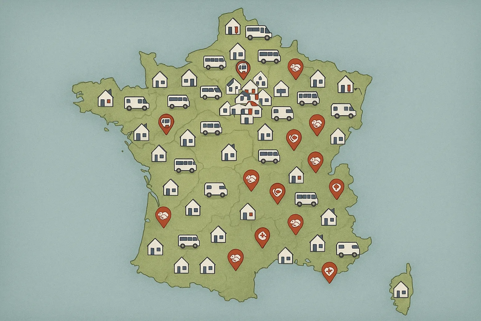 Illustrated map of France showing icons for France Services houses, mobile prefecture buses, and NGO help centres clustered around major cities and rural areas.