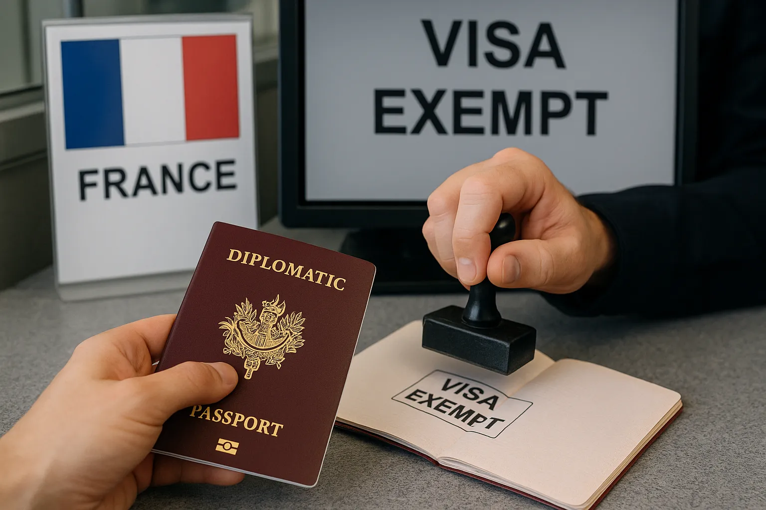 Illustration of a diplomatic passport being stamped at a French border control booth, emphasising a