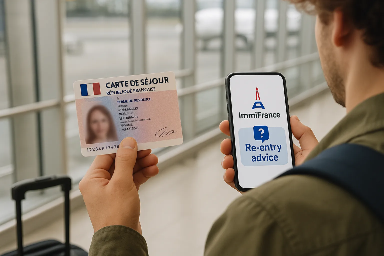 Illustration of a traveller at an airport holding a French residence card and receiving advice from a smartphone app branded with ImmiFrance, symbolising real-time support during re-entry.