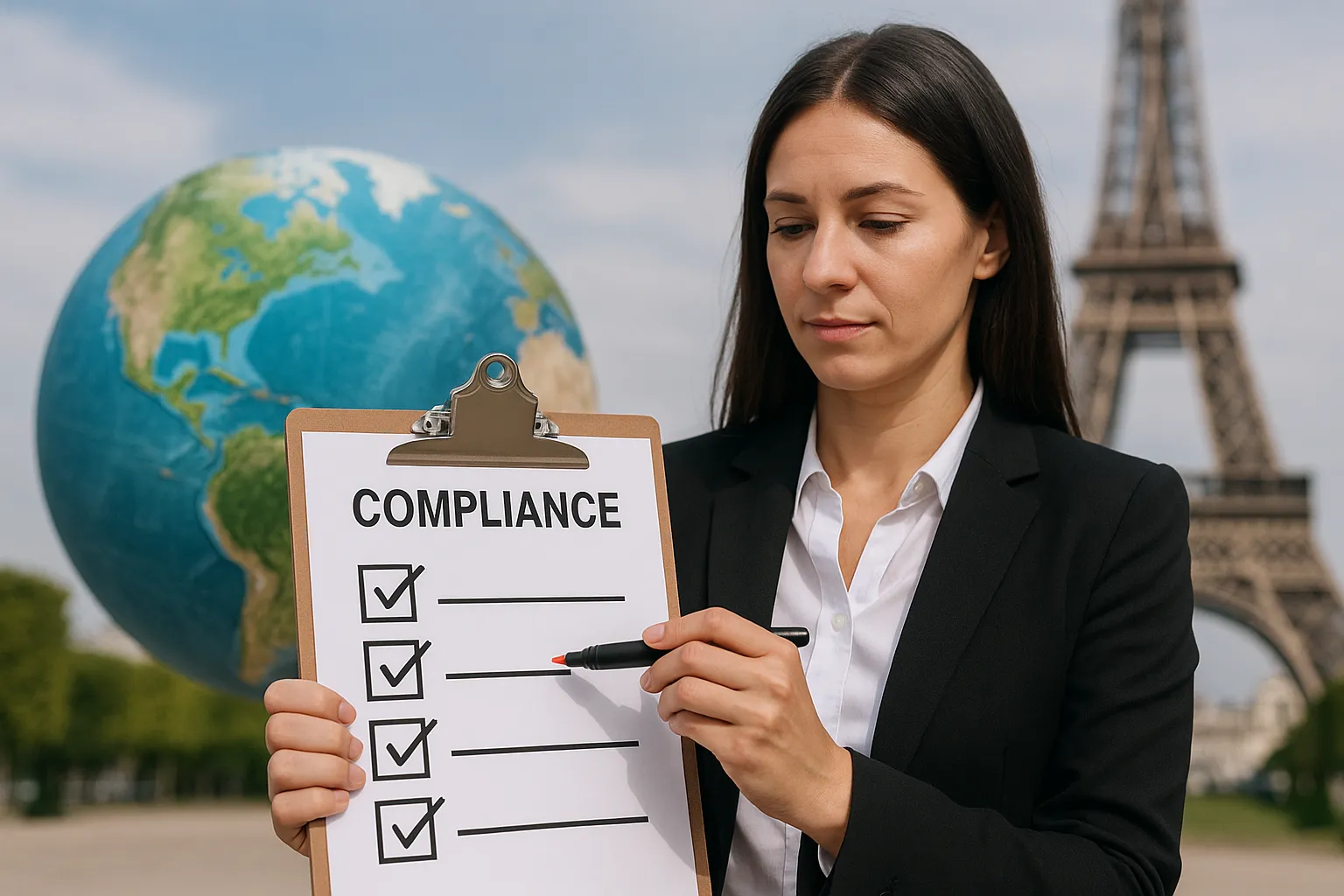 Illustration of an HR manager ticking boxes on a compliance checklist while a globe and the Eiffel Tower appear in the background, symbolising global mobility and French relocation tasks.