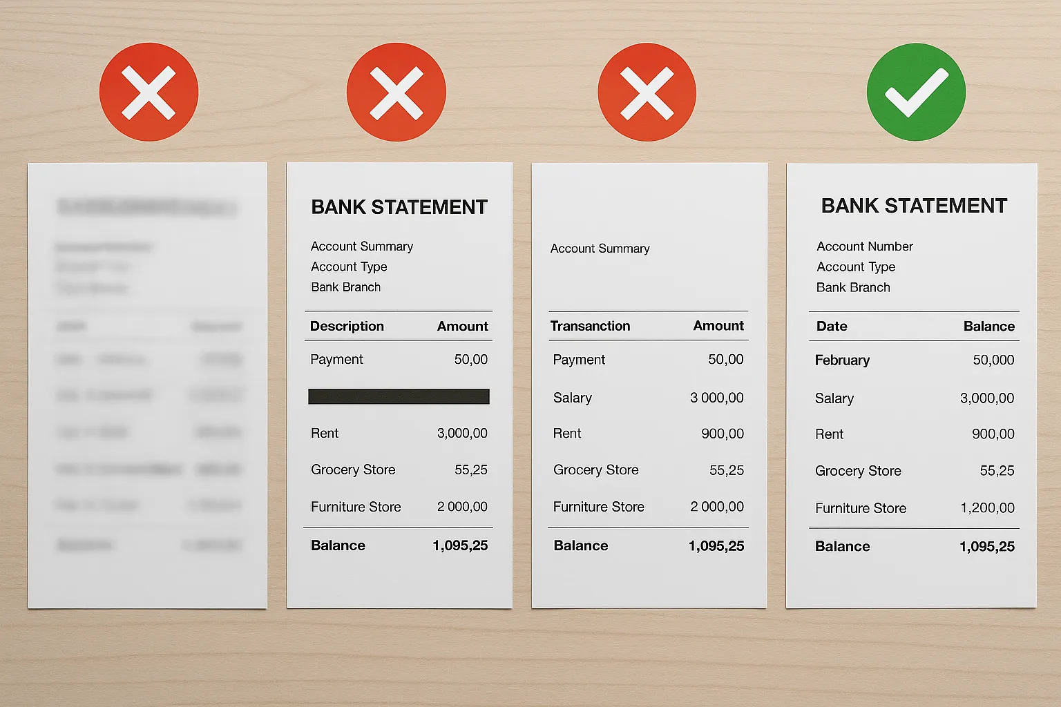 Illustration of three common errors on bank statements: blurred scan, salary line redacted, and missing header information, each marked with a red cross, contrasted with a correct statement marked with a green check.