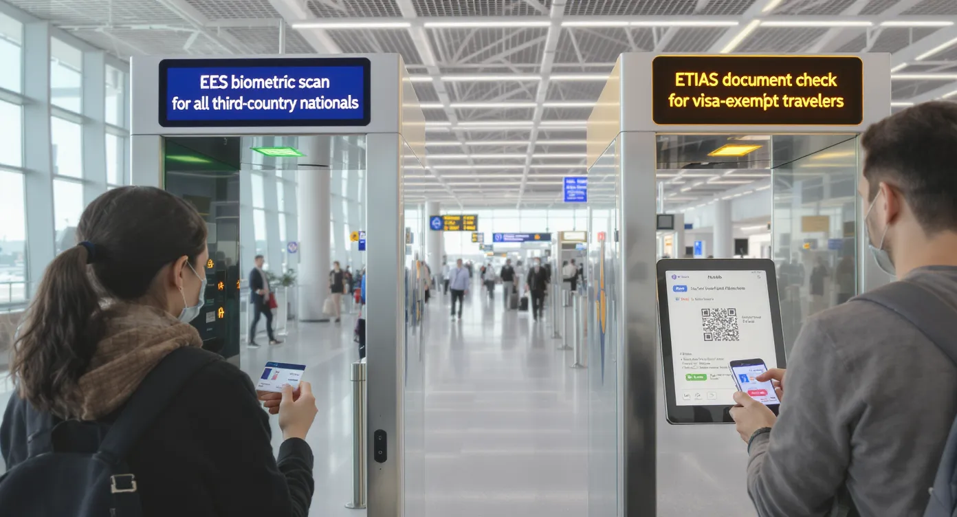 Illustration showing two separate digital gates at an airport: one gate labelled EES biometric scan for all third-country nationals, the other labelled ETIAS document check for visa-exempt travellers. A traveller with a French residence card walks through the EES gate while a UK tourist scans a QR code at the ETIAS gate.