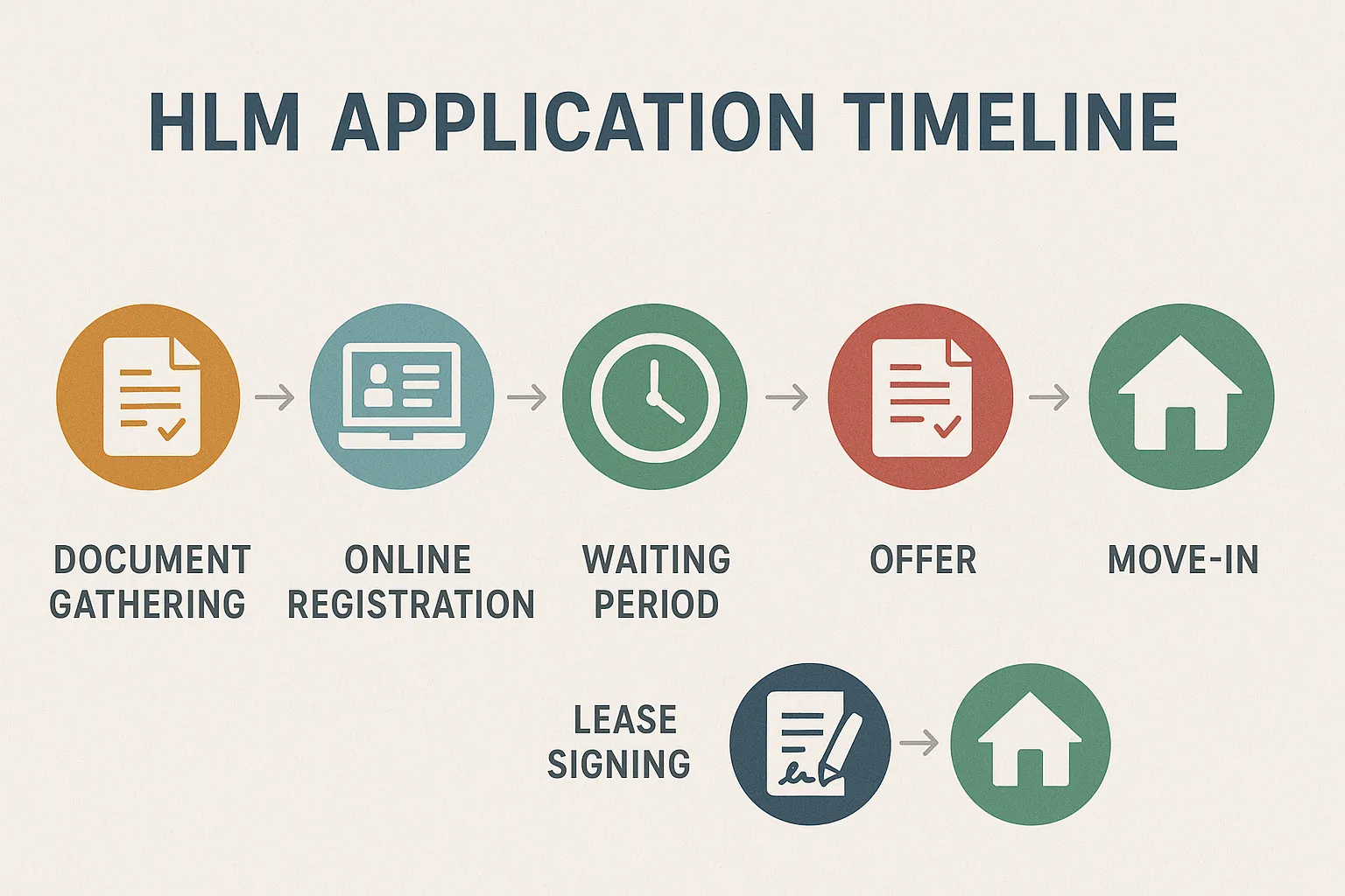 Infographic summarising the HLM application timeline: document gathering, online registration, waiting period, offer, lease signing, and move-in, with icons for each step.