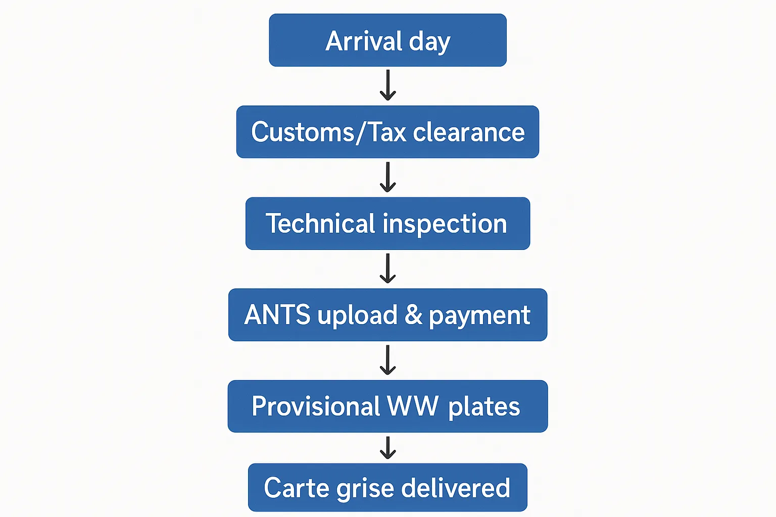 Simple flowchart showing: Arrival day → Customs/Tax clearance → Technical inspection → ANTS upload & payment → Provisional WW plates → Carte grise delivered