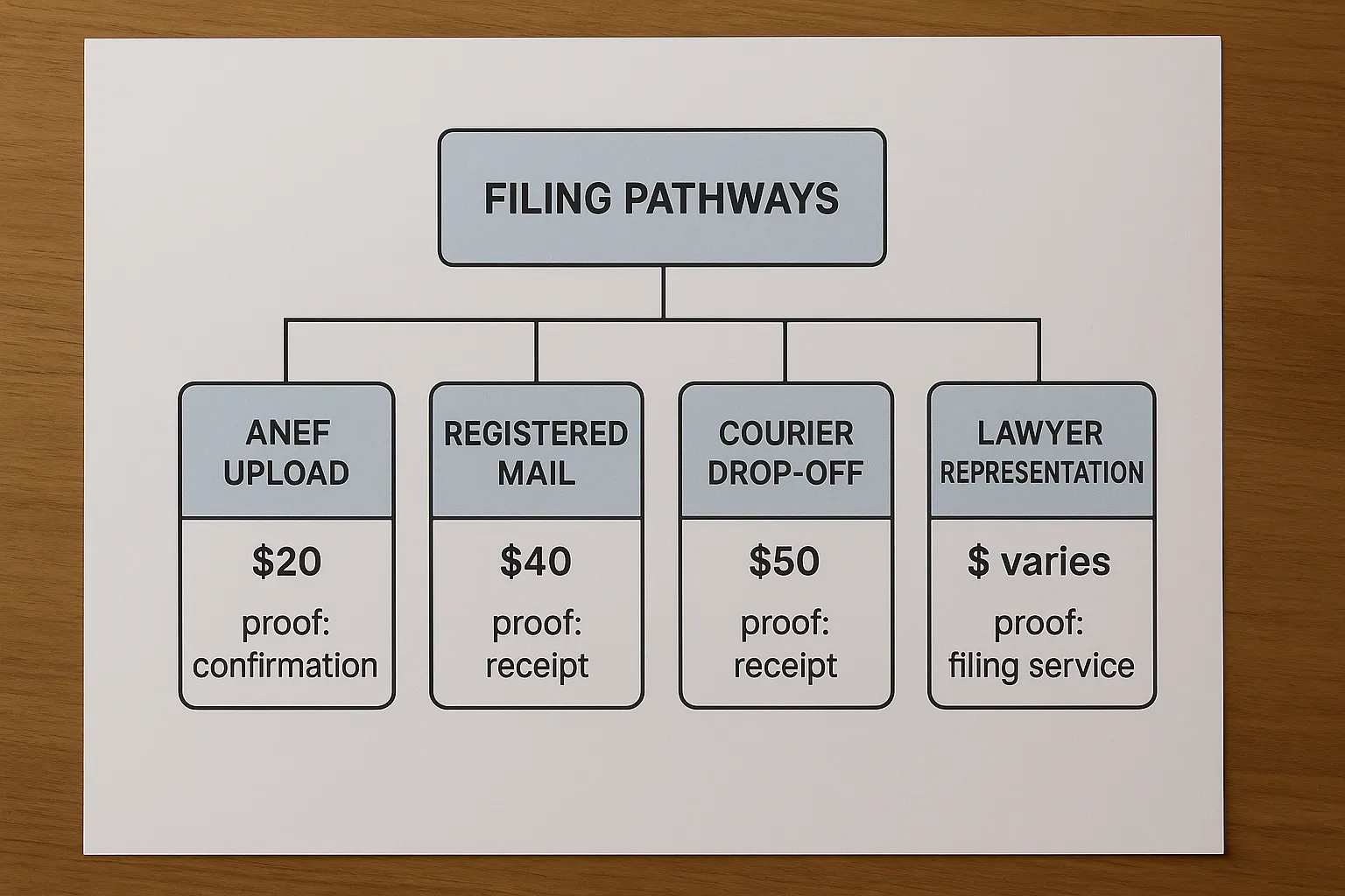 Simple flowchart showing four filing pathways: ANEF upload, Registered mail, Courier drop-off, Lawyer representation; each box lists cost and proof type.