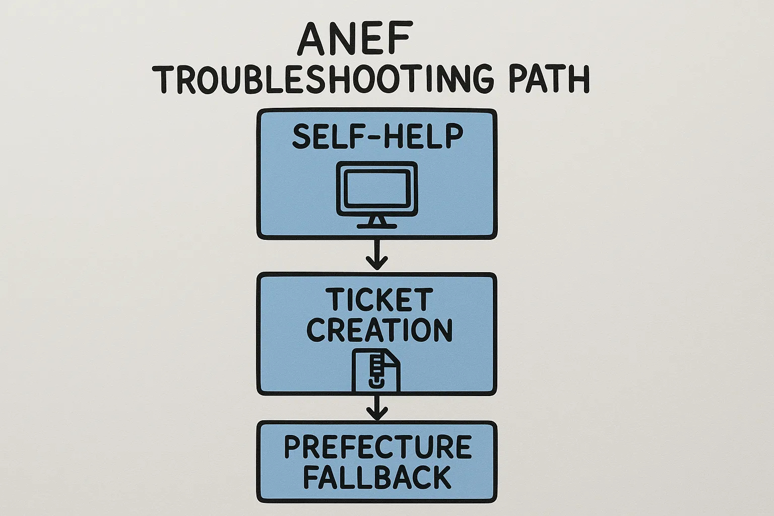 Simple flowchart showing the ANEF troubleshooting path: Self-help (browser → file compression) → Ticket creation → Prefecture fallback.