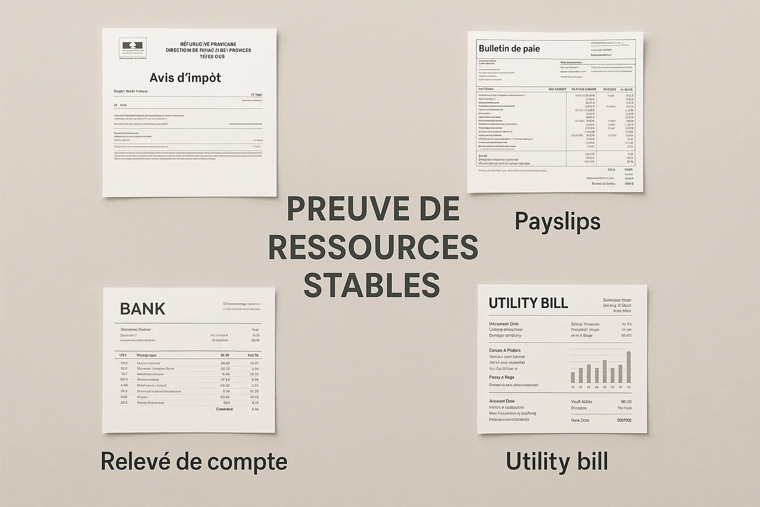 Simple infographic showing the four key supporting documents: tax notice, payslips, bank statement and utility bill, arranged around the central text “Preuve de ressources stables”.